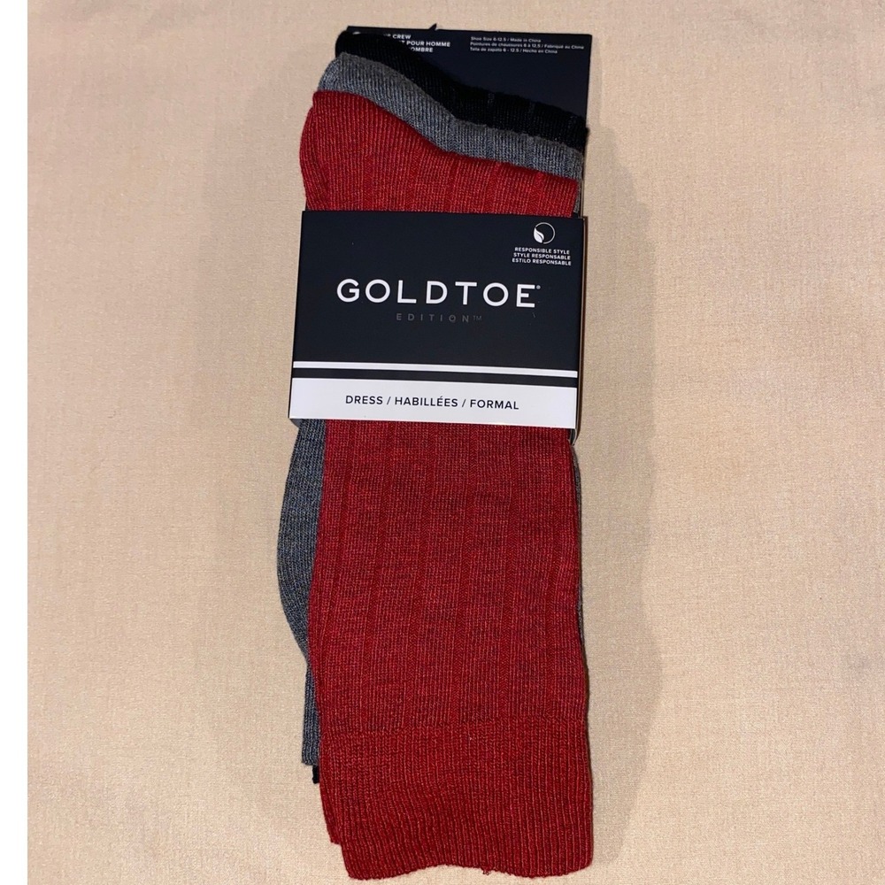3 Pairs Gold Toe Men's Red Gray Black Dress Crew Socks Aquafx Size 6-12.5 NEW